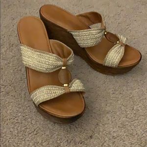 Summer side wedges, peak detail, Woden block heel